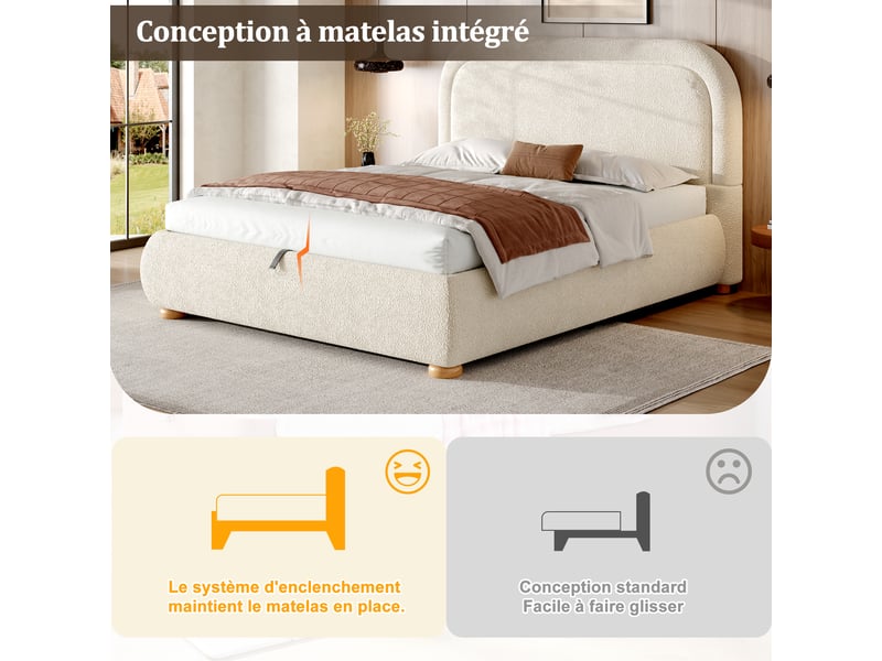 Lit coffre 140x190 cm beige, tissu bouclé, sommier relevable hydraulique, tête de lit rembourrée, pieds en bois massif - Conforama E