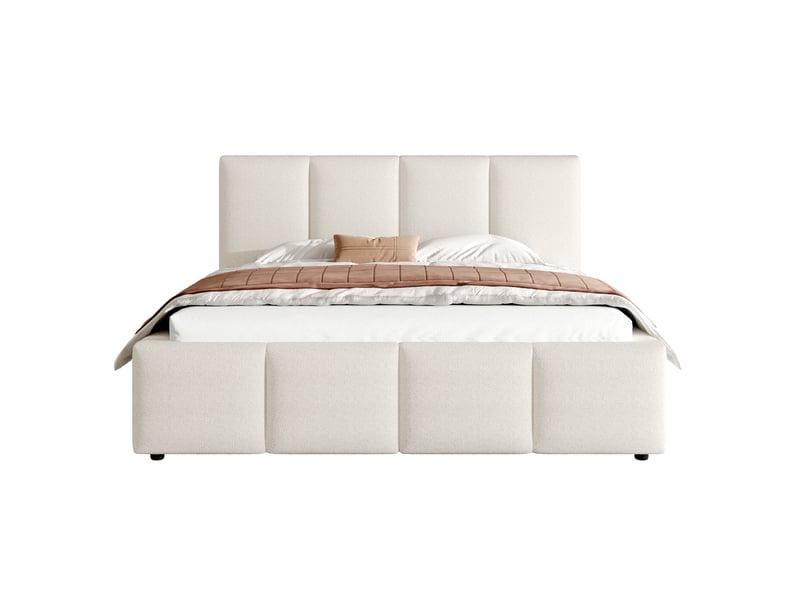  Lit plateforme 180x200 cm beige, tissu bouclé, tête de lit rembourrée 11 cm, sommier à lattes inclus, structure anti-glissement  - Conforama A