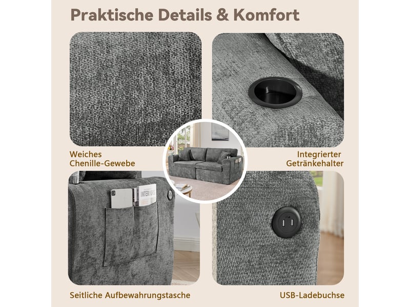 Canapé relax 2 places gris en chenille 220 × 100 × 89 cm, poche latérale, porte-gobelet, coussins et recharge usb - Conforama C