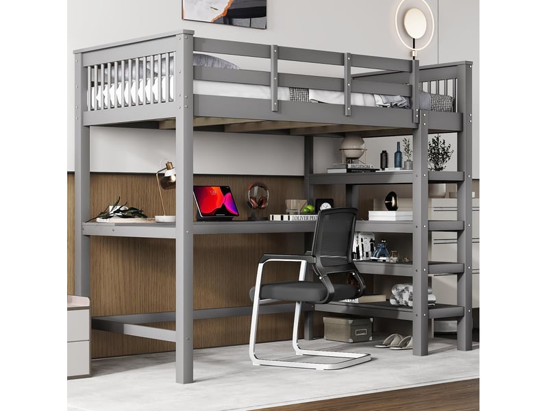 Lit mezzanine enfant 90x200 cm gris avec bureau et étagères - Conforama E
