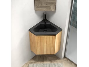 Meuble vasque d'angle mural 54,5x47,5x61,5 cm noir et bois naturel, vasque en résine pour petite salle de bain