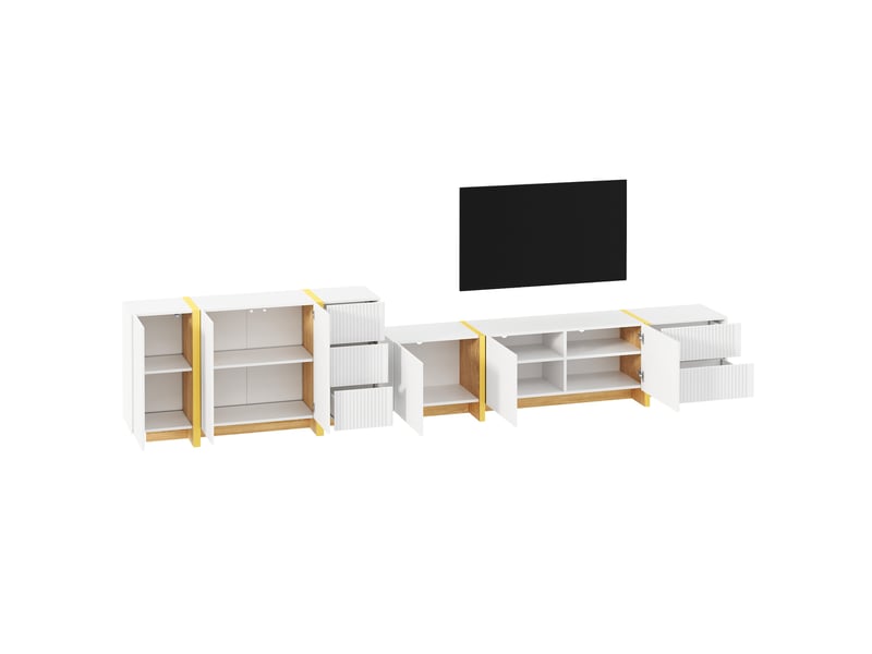 Meuble tv et buffet avec portes, tiroirs et niches ouvertes, façades rainurées sans poignées, pour salon, blanc - Conforama A