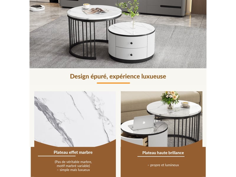  Lot de 2 tables basses gigognes rondes 60 et 50 cm, 2 tiroirs, effet marbre brillant, blanc et noir  - Conforama D