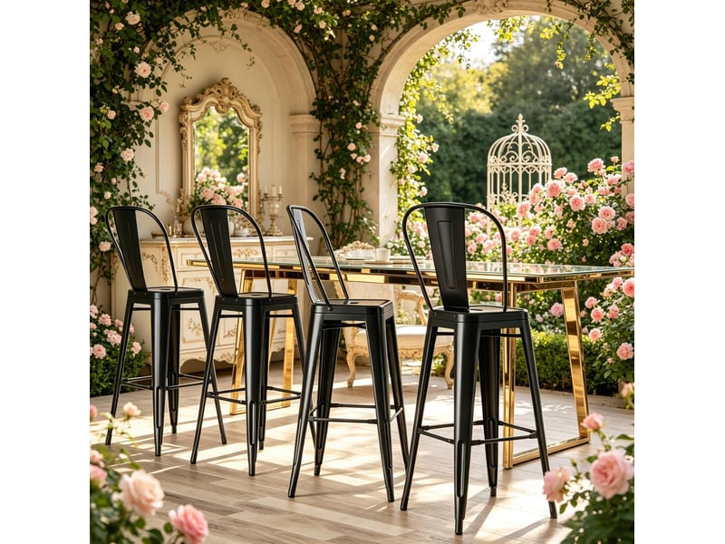  Tabouret de bar lot de 4 empilable avec dossier amovible et repose-pieds en métal noir  - Conforama D