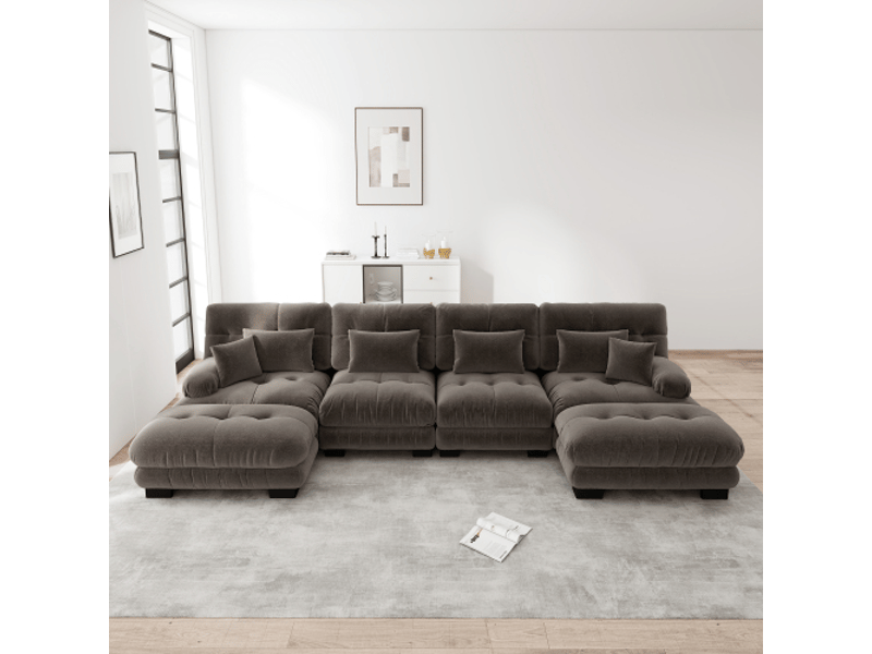  Canapé d'angle modulable en u marron - 4 places, pouf mobile, tissu chenille, grand confort  - Conforama B