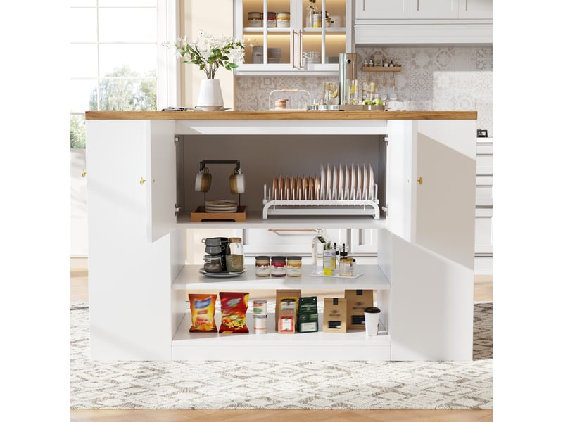  Îlot de cuisine blanc moderne avec table rabattable, meuble de rangement multifonction avec tiroirs et étagères, 140x70x90cm  - Conforama E