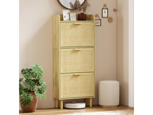 Meuble à chaussures style bohème chic - 3 portes abattantes, étagère - cannage rotin aspect bois clair