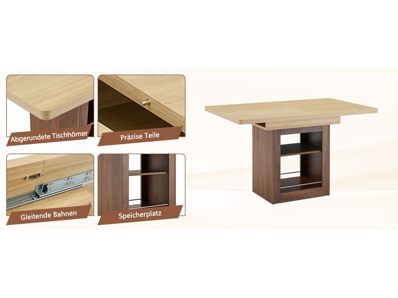 Table à manger extensible 130-160 cm avec rangement, finition bois naturel et noyer, mdf, 4 à 8 personnes - Conforama D