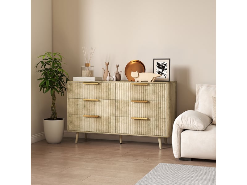  Commode 6 tiroirs scandinave avec poignées et pieds de pin, pour chambre à coucher, salon, couloir, 120x40x76cm, chêne  - Conforama D