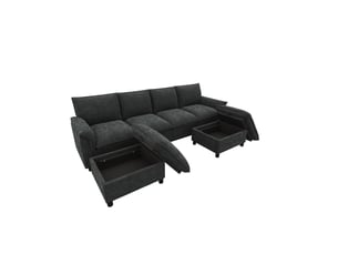 Canapé d'angle modulable en u noir en chenille, canapé 4 places avec 2 poufs de rangement, assise profonde pour salon, 264x142x84cm