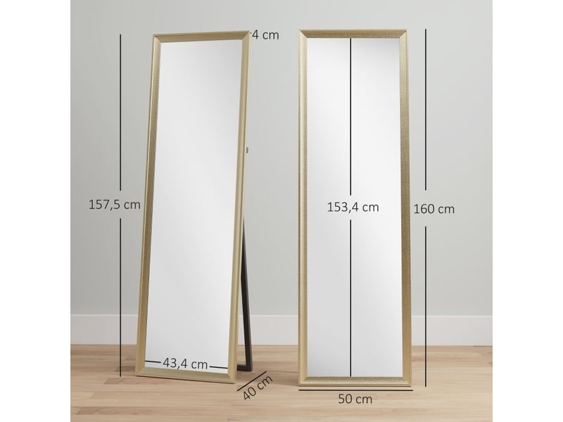  Miroir simple avec support rabattable, pose au sol ou murale, cadre texturé aspect métal, plastique doré, 50 × 160 cm  - Conforama E