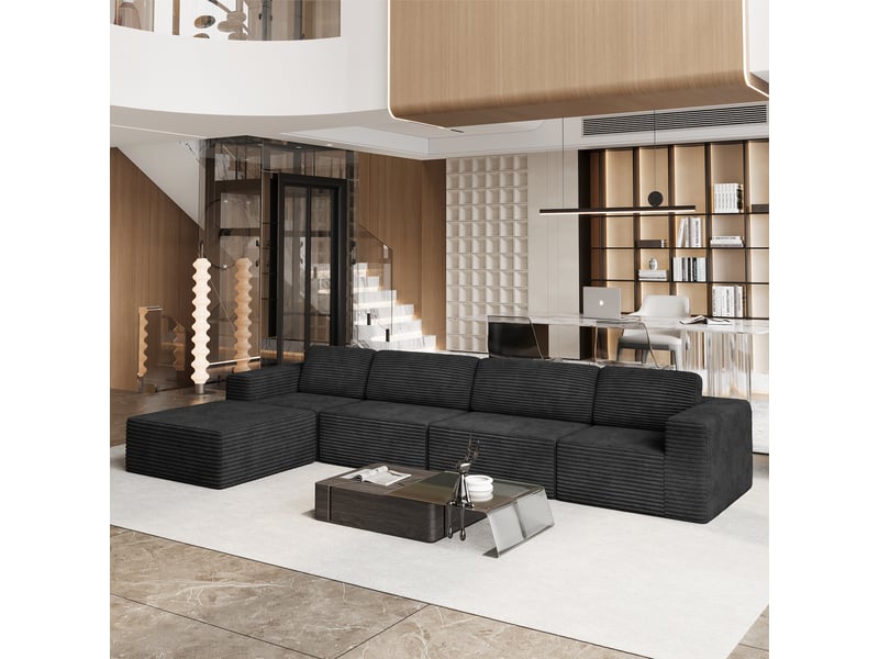  Canapé d'angle 4 places modulaire en velours côtelé avec 1 pouf,canapé compressé,sans assemblage,404x202x82cm,noir 404x202x82CM - Conforama W