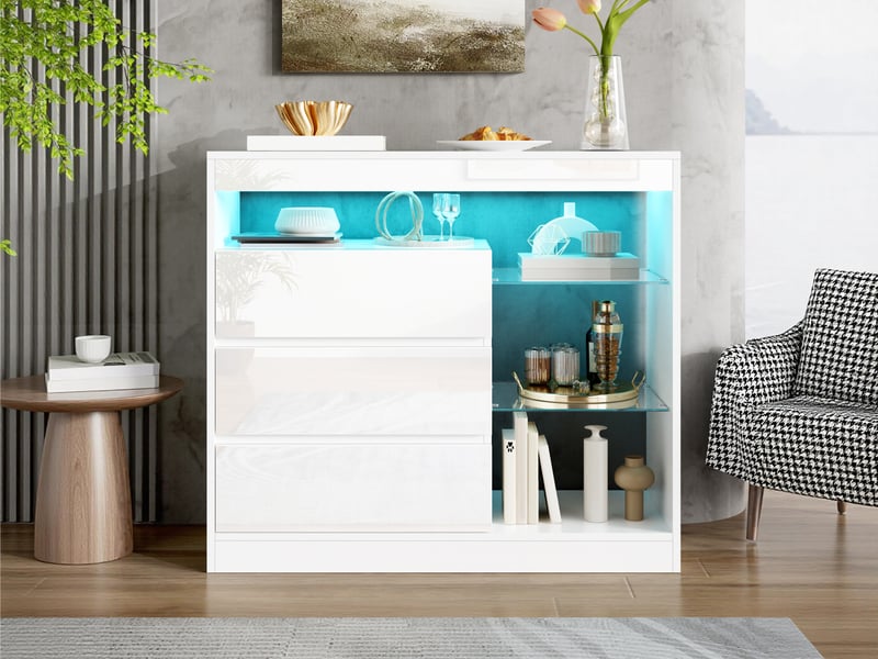  Commode 90 cm blanc brillant, 3 tiroirs, étagères en verre et led Fay Lum - Conforama B