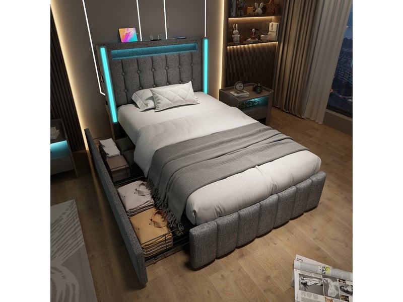  Lit avec tiroirs, lit simple 90x200 cm en lin avec usb, type-c et led, 2 tiroirs, sans matelas, gris  - Conforama B