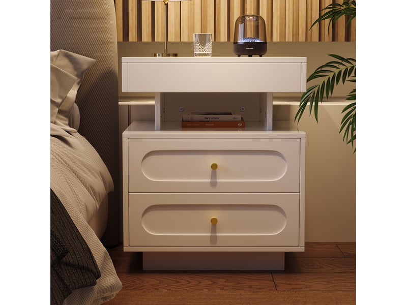  Table de chevet 100x40x60 cm avec éclairage led et 2 tiroirs, panneau de particules, blanc  - Conforama D