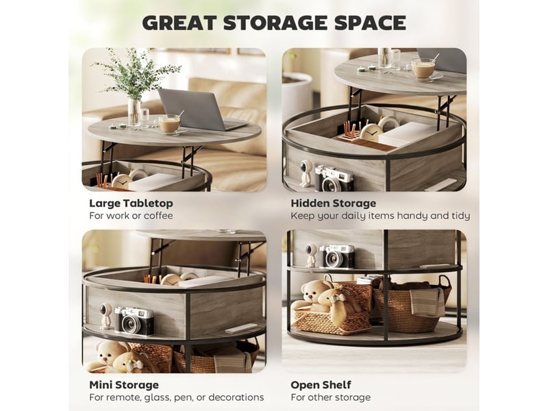  Table basse relevable table basse rangement intégré plateau relevable étagères latérales cadre en acier finition chêne plateau rond  - Conforama E