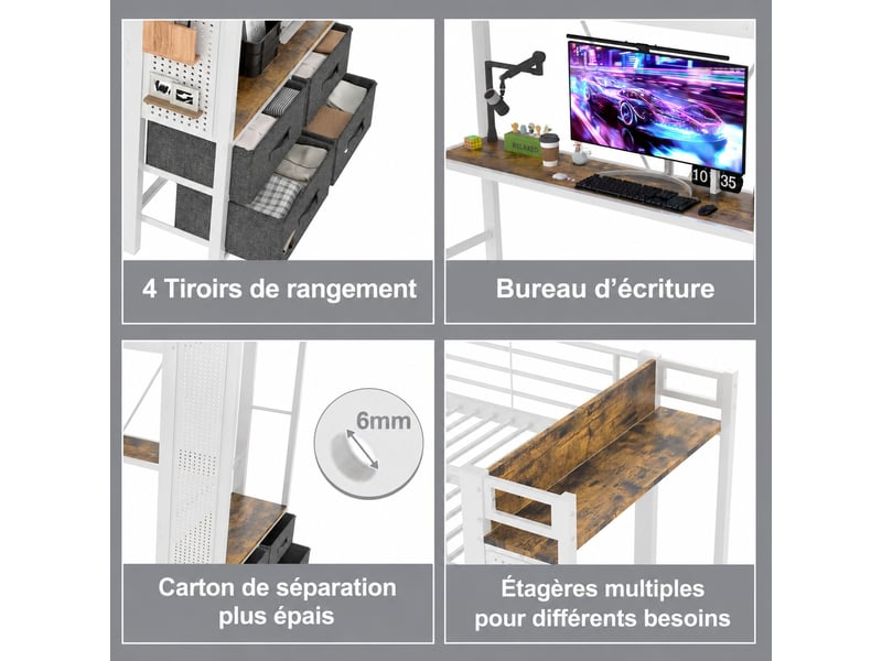 Lit mezzanine blanc 90 x 200 cm avec bureau, en métal et mdf, 4 tiroirs, led et rangements - Conforama E