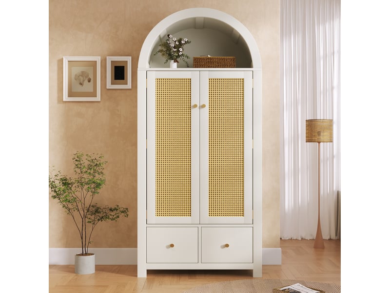 Armoire modenvie 78 x 45 x 181 cm style campagne blanc 2 portes 2 tiroirs penderie avec rangement ouvert mdf et métal - Conforama D