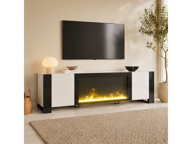  Meuble tv 165x32x55 cm avec foyer électrique décoratif effet flamme, blanc et noir  - Conforama C