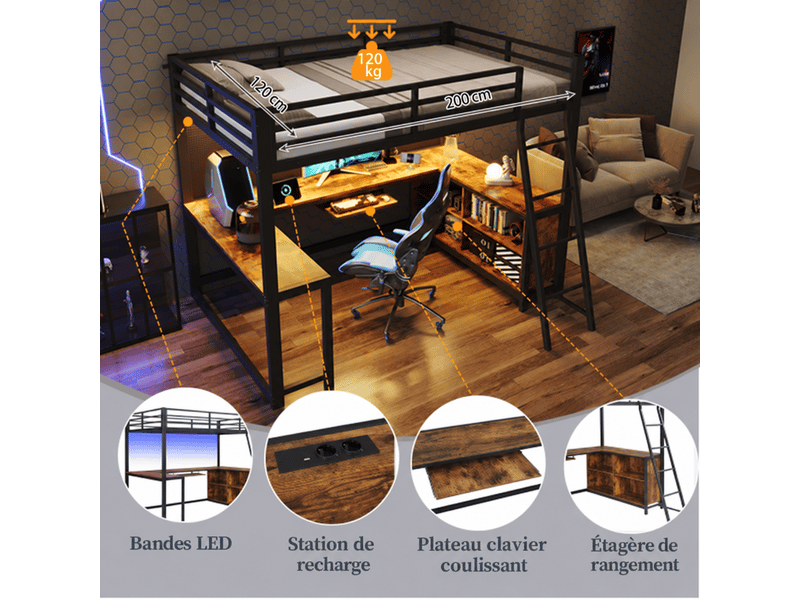  Lit mezzanine gaming 120x200 cm, bureau en u, led, prise électrique, rangements, tablette clavier coulissante, métal et mdf décor bois, noir OMNIGLINT TRADING LTD - Conforama E
