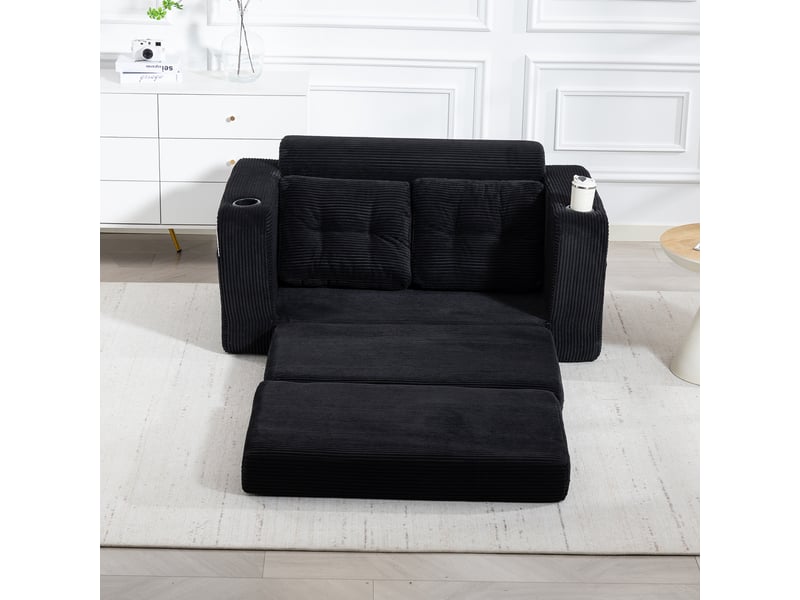  Canapé convertible 2 places en velours côtelé noir 136 cm, canapé lit compact avec assise rembourrée pour petit salon IKSETERA TRADING LTD - Conforama E