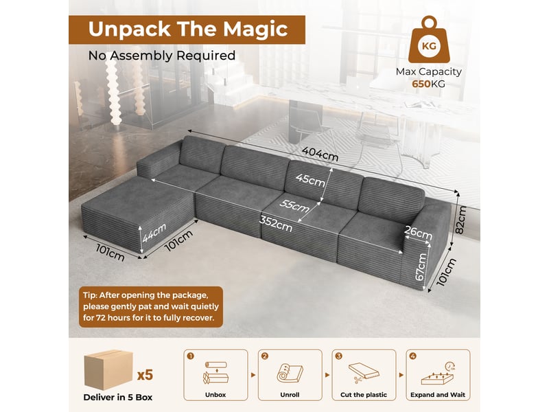 Canapé d'angle 4 places modulaire en velours côtelé avec 1 pouf,canapé compressé,sans assemblage,404x202x82cm,gris 404x202x82CM - Conforama C