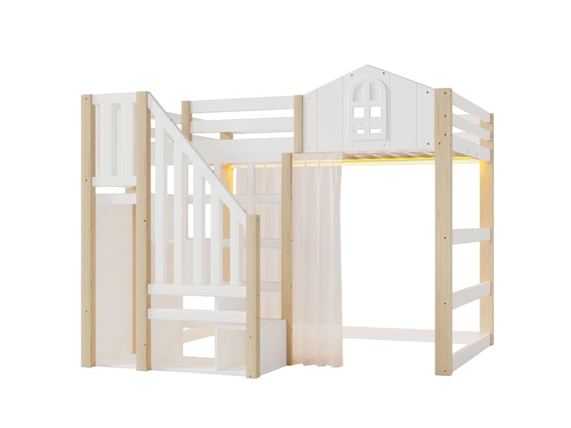  Lit mezzanine 140x200 cm avec rangements led et garde-corps, lit enfant avec sommier à lattes en pin blanc et naturel  - Conforama C