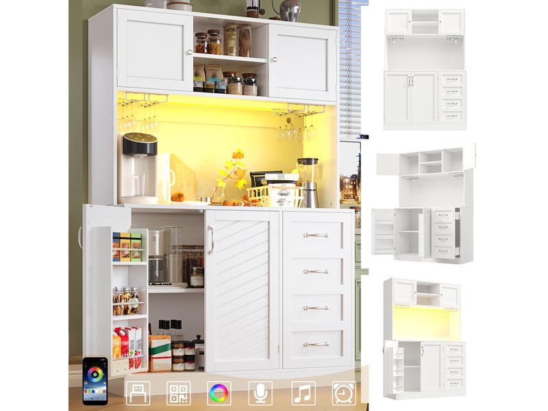  Armoire de cuisine, avec éclairage led, 120 x 40 x 188 cm, avec 4 portes, coloris vert et noir et blanc, solution de rangement fonctionnelle  - Conforama B