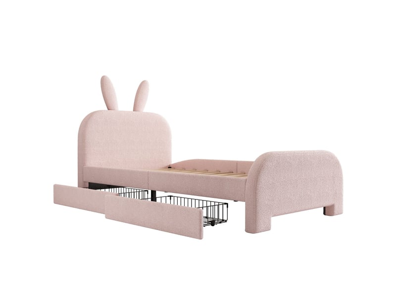  Lit rembourré 90x200cm tête de lapin avec 2 tiroirs de rangement - lit enfant - tissu peluche doux, sommier inclus, mignon, rose  - Conforama A