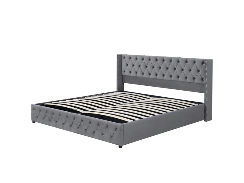  Lit coffre capitonné 180x200 cm en velours gris avec sommier et rangement hydraulique evarich - Conforama A