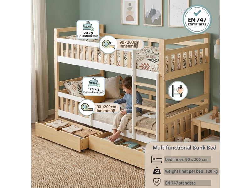  Lit superposé enfant 90x200 cm en bois, séparable en 2 lits simples, avec échelle, barrière de sécurité et 2 tiroirs - blanc-naturel  - Conforama E