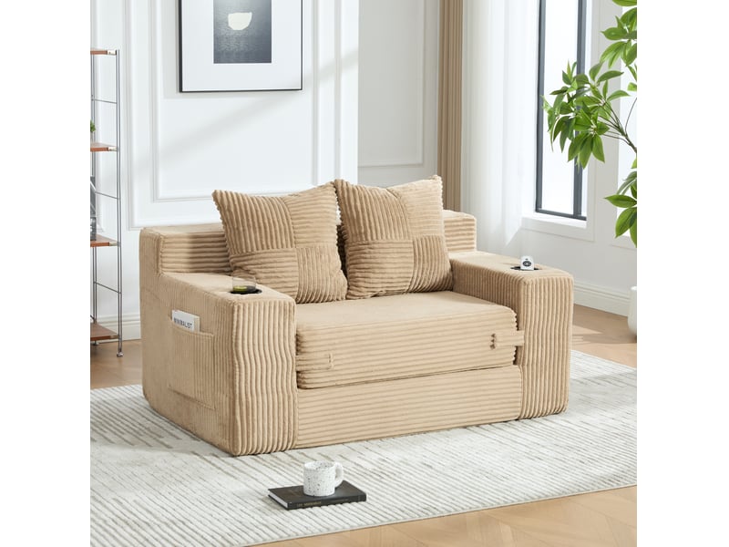  Fauteuil pouf en velours côtelé avec coussins amovibles, poches latérales et accoudoirs, kaki, 151 × 133 × 64 cm  - Conforama C