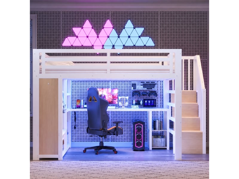  Lit mezzanine 140 x 200 cm en métal blanc avec bureau, escalier de rangement, éclairage led et port usb, sans matelas  - Conforama B