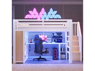 Lit mezzanine 140 x 200 cm en métal blanc avec bureau, escalier de rangement, éclairage led et port usb, sans matelas