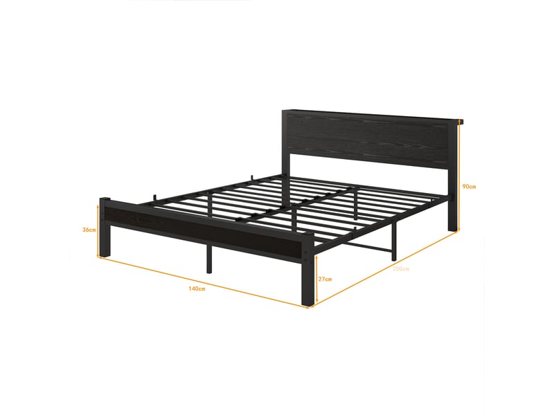 Lit double rembourré 140x200 cm avec tête de lit rangement, cadre de lit adulte avec sommier à lattes métalliques, noir, lit double - Conforama B