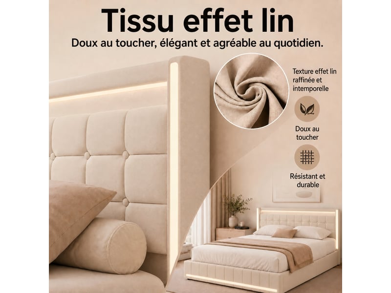  Lit 140x190 cm avec 4 tiroirs, éclairage led rgb et ports usbtype-c, KEFSR lin tissu beige  - Conforama R
