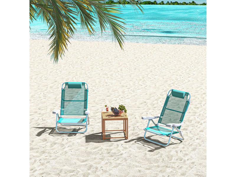  Lot de 2 chaises de camping pliantes et inclinables à 6 positions, en aluminium et mousse, 62 x 65 x 80 cm, gris et bleu  - Conforama C