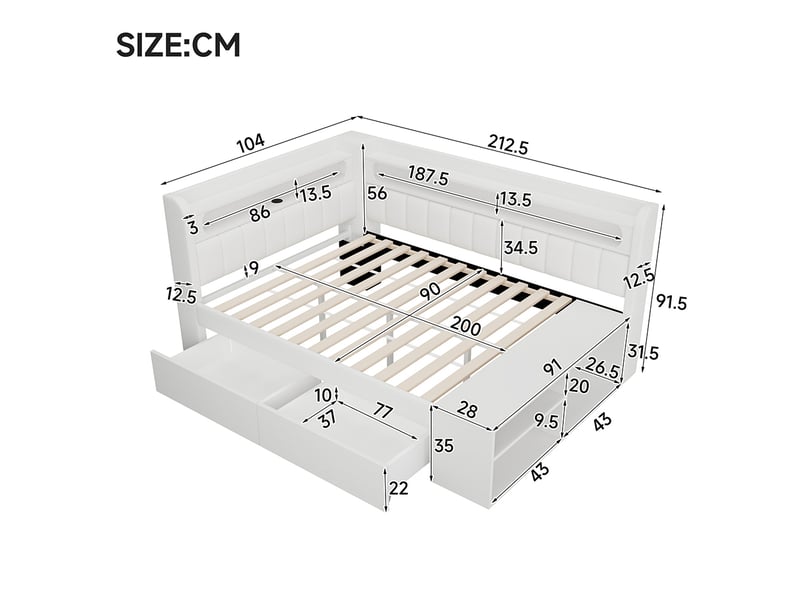  Canapé-lit rembourré 90 x 200 cm avec port usb et led, comprenant un meuble à chaussures et deux tiroirs, tissu lin, blanc  - Conforama C