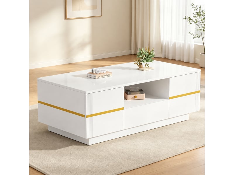  Table basse blanche et dorée avec led, 2 portes et rangement, 100 x 50 x 35,5 cm  - Conforama C