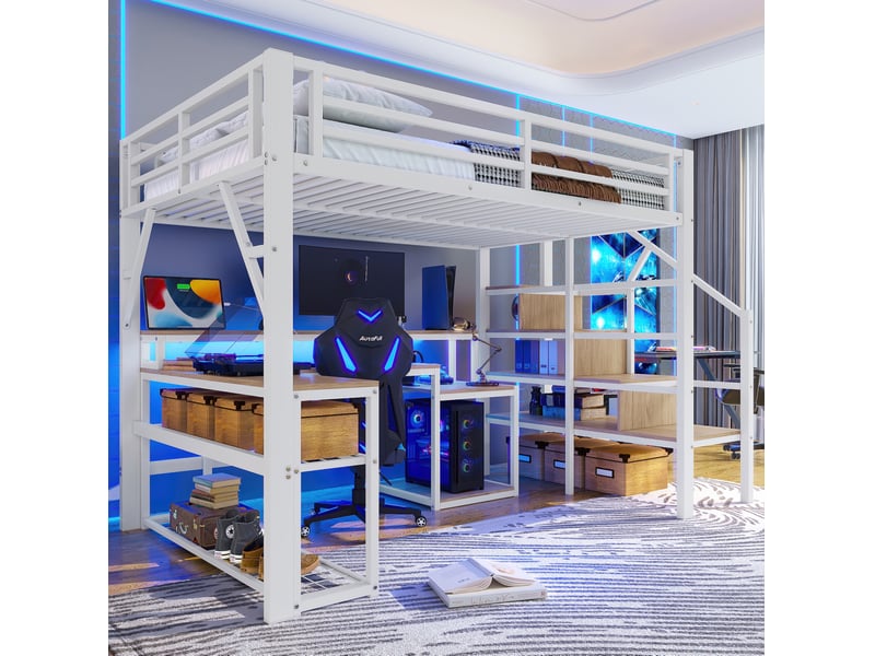 Lit mezzanine 140 x 200 cm avec bureau, led, usb, rangements et escalier blanc - Conforama B