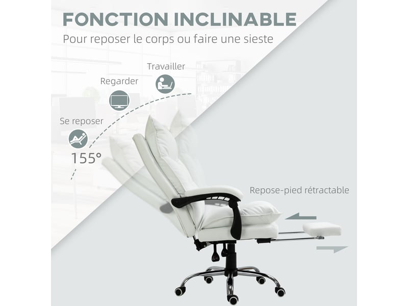  Fauteuil de bureau, chaise bureau ergonomique avec dossier inclinable, hauteur réglable, 66 x 72 x 130 cm, blanc  - Conforama E