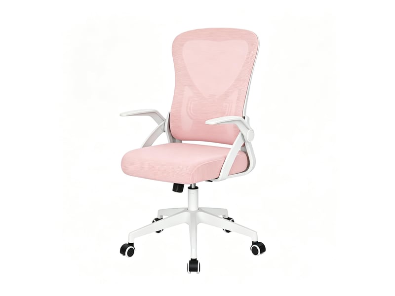  Chaise de bureau ergonomique pivotante avec accoudoirs rabattables - lpospi - dossier inclinable, maille et simili cuir rose  - Conforama A