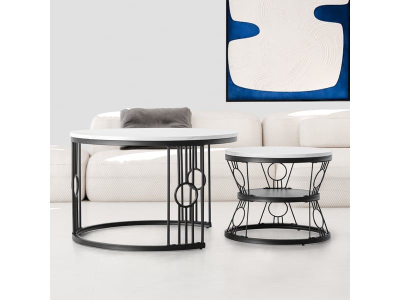  Table basse gigogne 2 pièces mdf blanc et métal noir evryae  - Conforama C