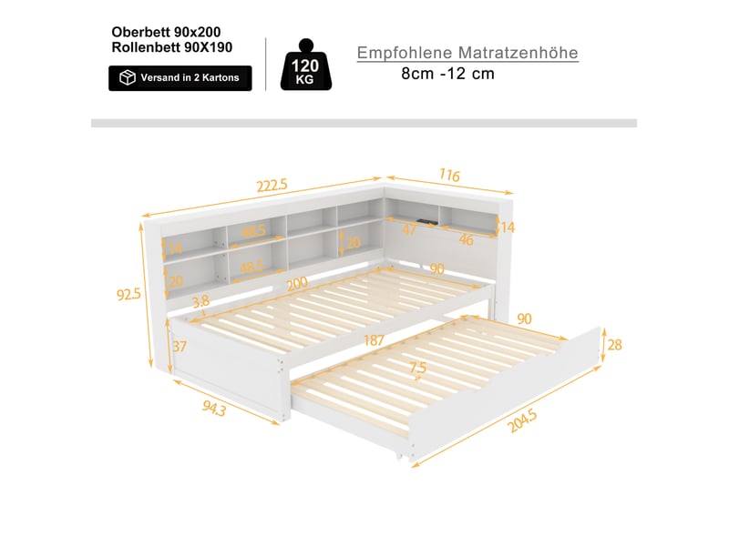  Lit banquette avec gigogne et rangements, bois massif blanc, 90x200 cm, prise usb intégrée  - Conforama C