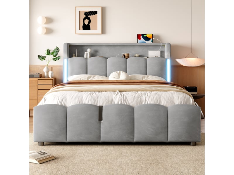  Lit rembourré 140 x 200 cm sans matelas, led, coffre hydraulique, tête avec rangement, usb et type-c, velours gris  - Conforama E