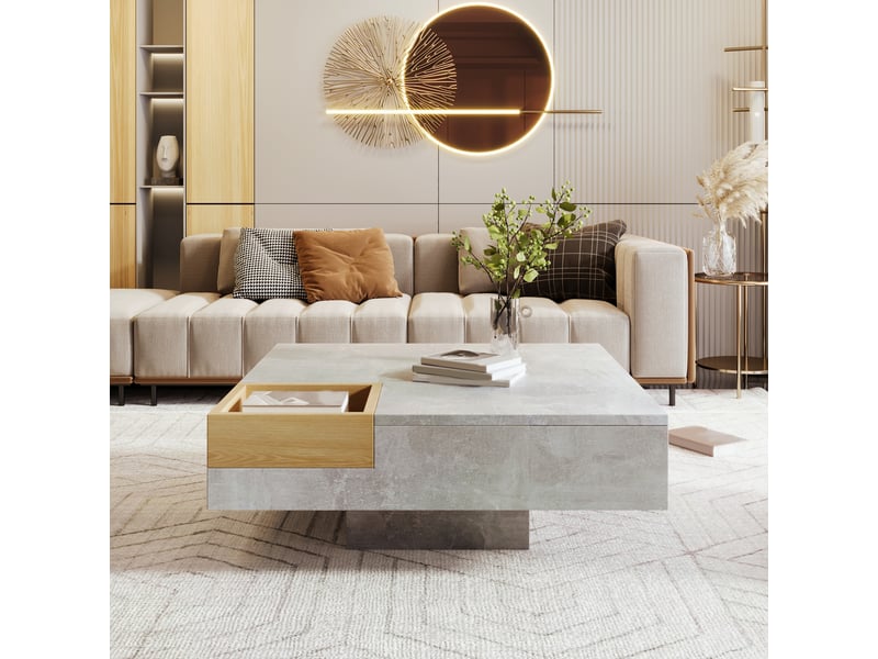  Table basse carrée avec boîte de rangement amovible – gris béton et décor bois – 72 x 72 x 30 cm  - Conforama B