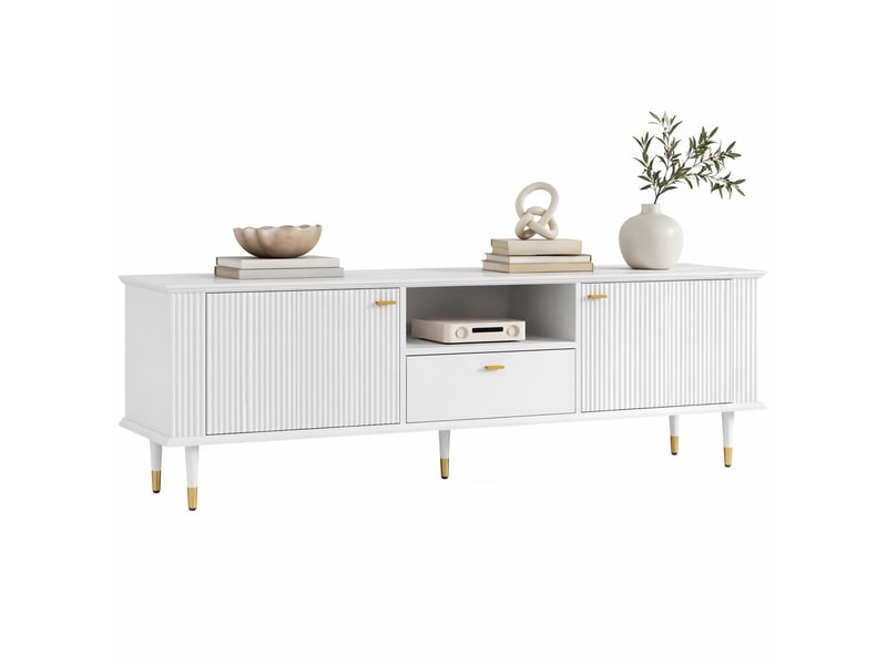 Meuble tv 2 portes avec tiroir, niche et passe-câbles - lpospi - fermeture douce, mdf laqué blanc 170 × 36 × 54 cm - Conforama A