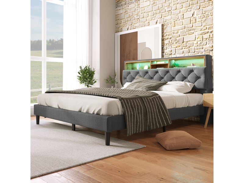  Lit double rembourré 140*200cm avec tête de lit rangeante, led et sommier en bois, gris, sans matelas  - Conforama E