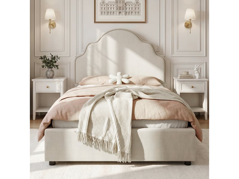  Lit simple 90x200 cm, lit enfant, tête de lit rembourrée, lin beige  - Conforama C