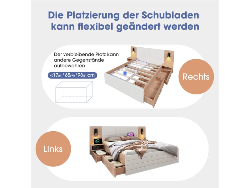 Cadre de lit, lit double 140x200 cm, 2 tiroirs, chevets intégrés, usb, matelas inclus, bois massif chêne blanc et clair - Conforama W